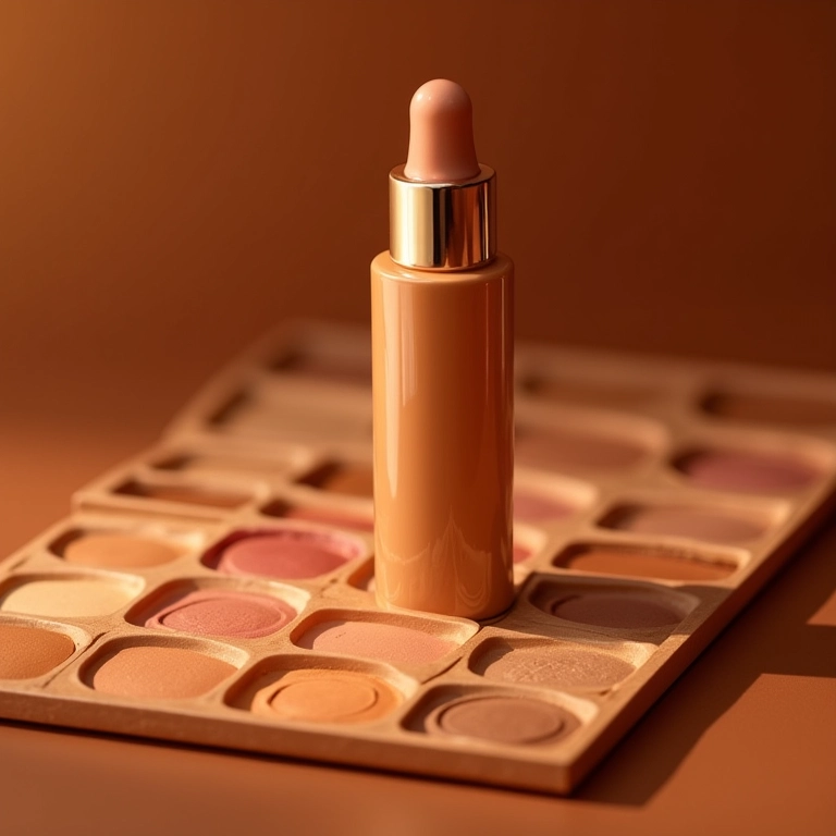 Iluminador dourado combinado com blush e bronzer em uma paleta de maquiagem.