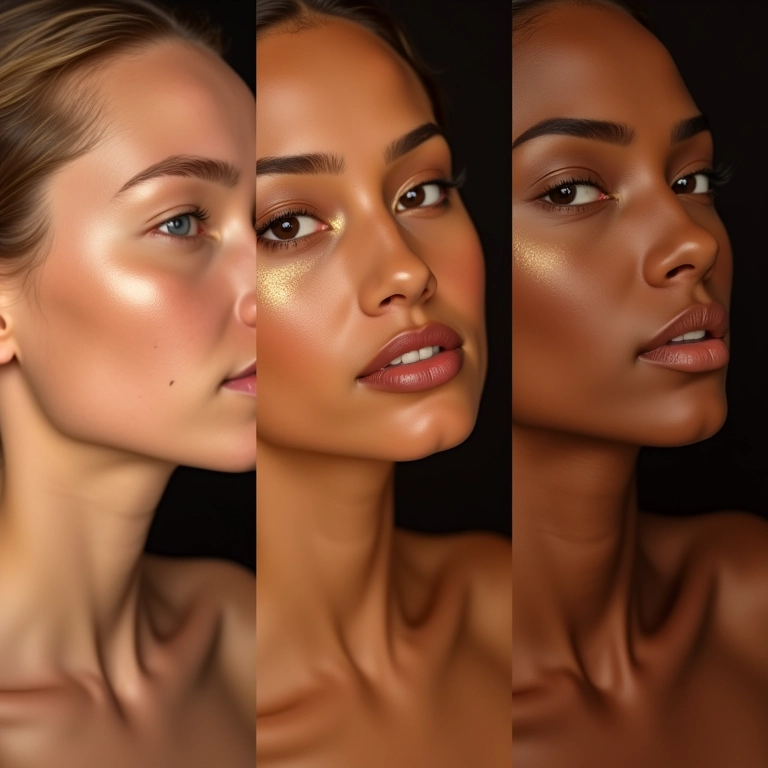 Iluminador dourado em diferentes tons de pele, realçando os subtons.