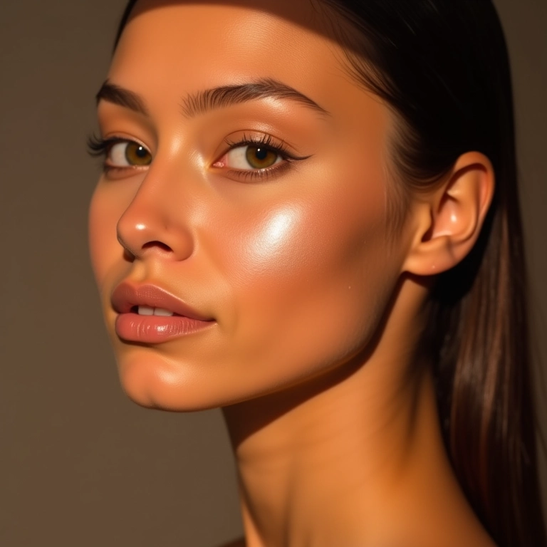 Iluminador em pérolas para pele quente, brilho suave.