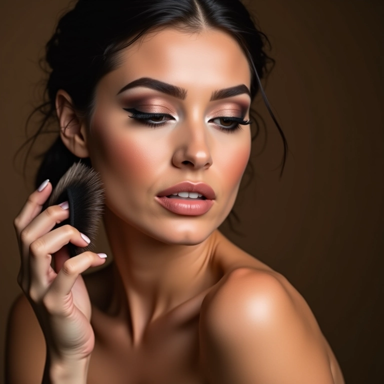 Iluminador em pó solto para makes de festa, criando um visual glamouroso e sofisticado.