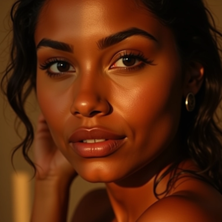 Iluminador em pó solto para pele morena, realçando o tom natural com um brilho dourado.