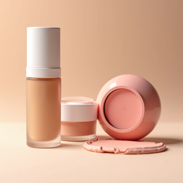 Iluminador líquido com base e blush, organização de produtos.