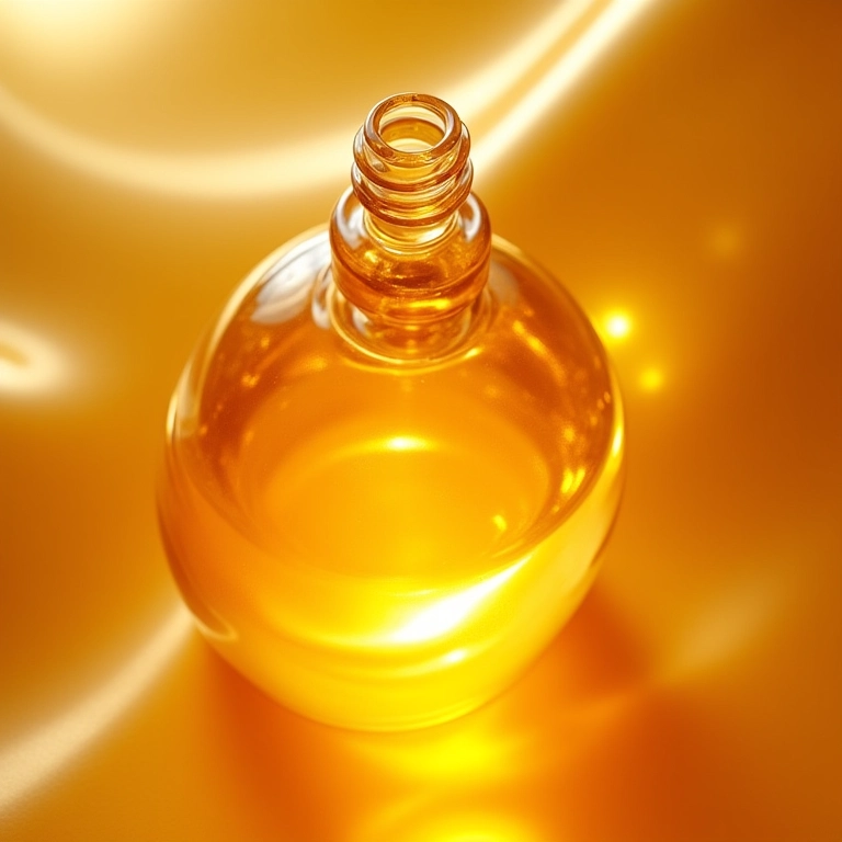 Iluminador líquido dourado brilhando sob a luz do sol, capturado em close-up.