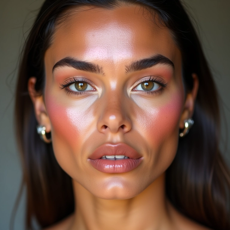 Iluminador marmorizado combinado com blush e bronzer.