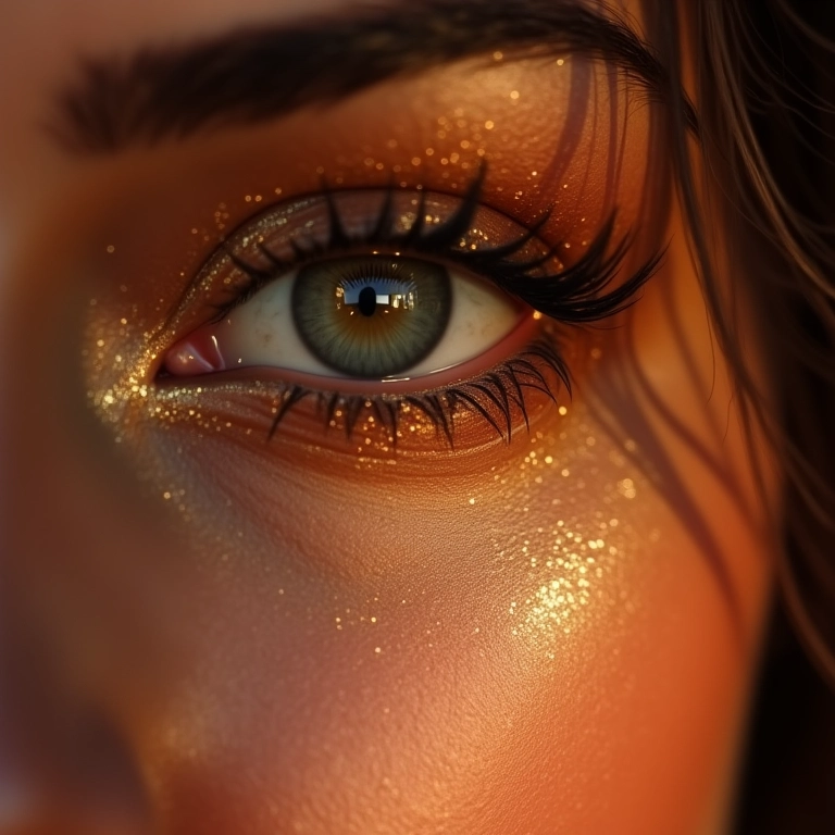 Iluminador no canto interno do olho em maquiagem árabe em mulher brasileira.