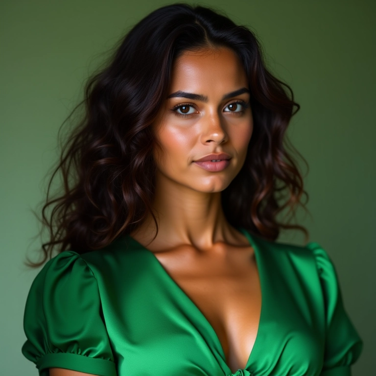 Iluminador realçando os pontos fortes com vestido verde.