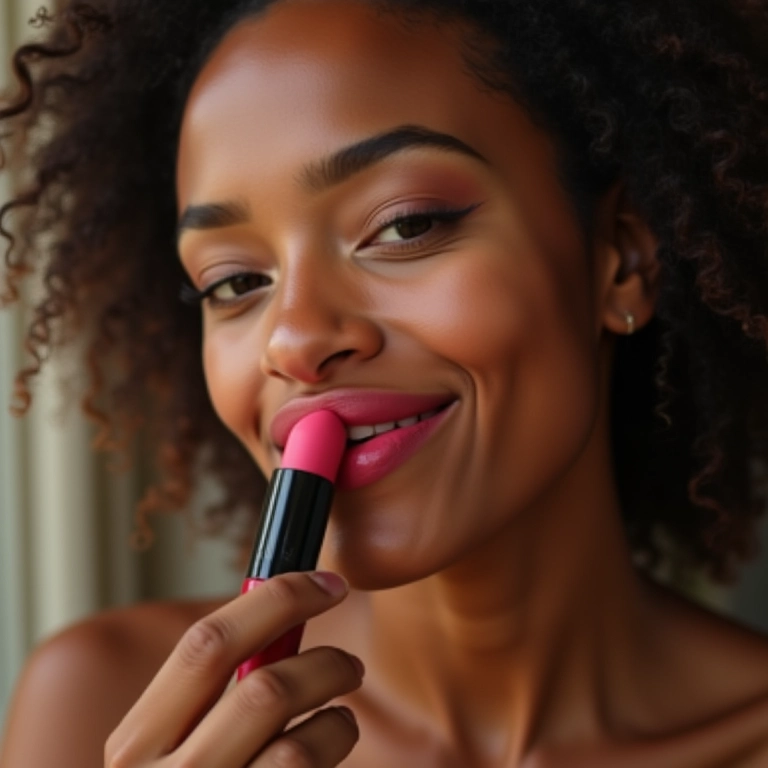 Influenciadora brasileira aplicando batom de longa duração.
