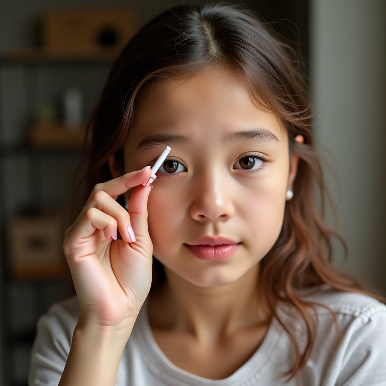 Jovem aplicando cola para cílios com kit para iniciantes.