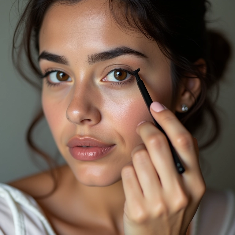 Jovem brasileira aplicando delineador.