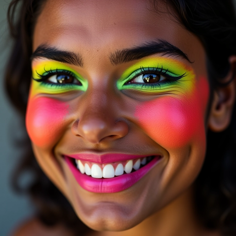 Jovem brasileira sorrindo com maquiagem neon vibrante.