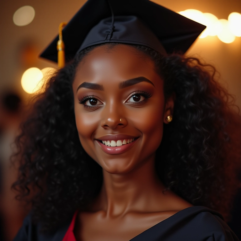 Jovem com maquiagem ousada para formatura celebrando com amigos.