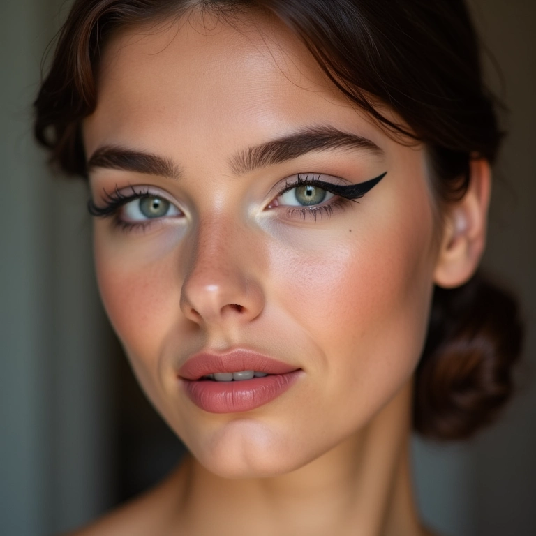 Jovem mostrando delineado gráfico marcante no estilo dos anos 60.