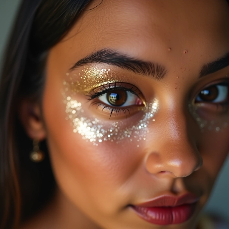 Jovem seguindo tutorial de maquiagem glitter.