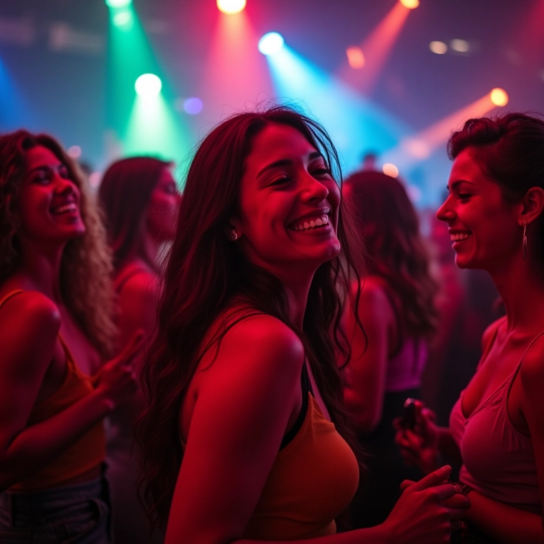 Jovens adultos diversos se divertindo em festa iluminada e vibrante.