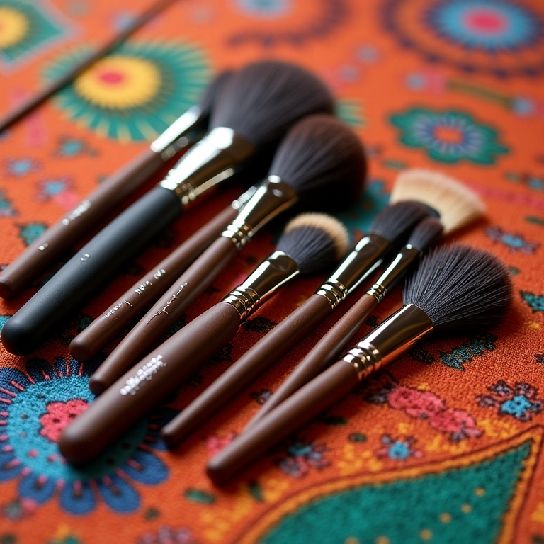 Kit essencial de pincéis de maquiagem para iniciantes, organizado sobre tecido vibrante.