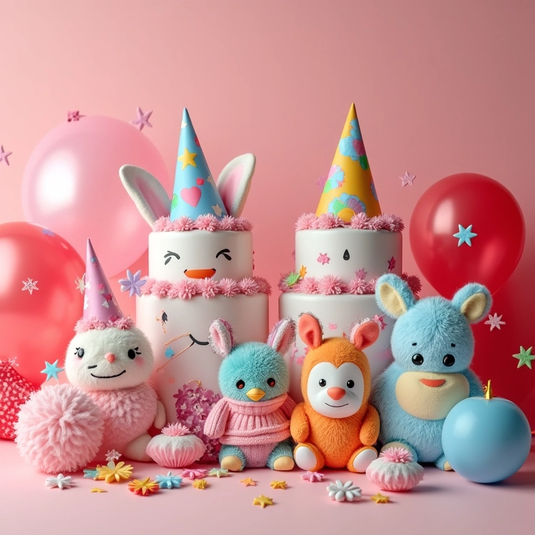 Kits de festa personalizados com vários itens e decorações.