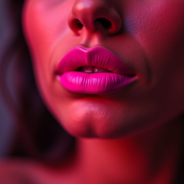 Lábios com batom neon rosa vibrante.
