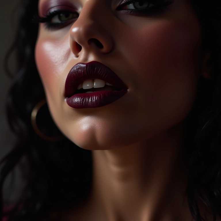 Lábios escuros e sedutores com batom vinho, o toque final para uma maquiagem gótica marcante.