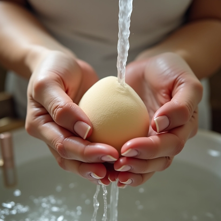 Lavando esponja de maquiagem sob água corrente.