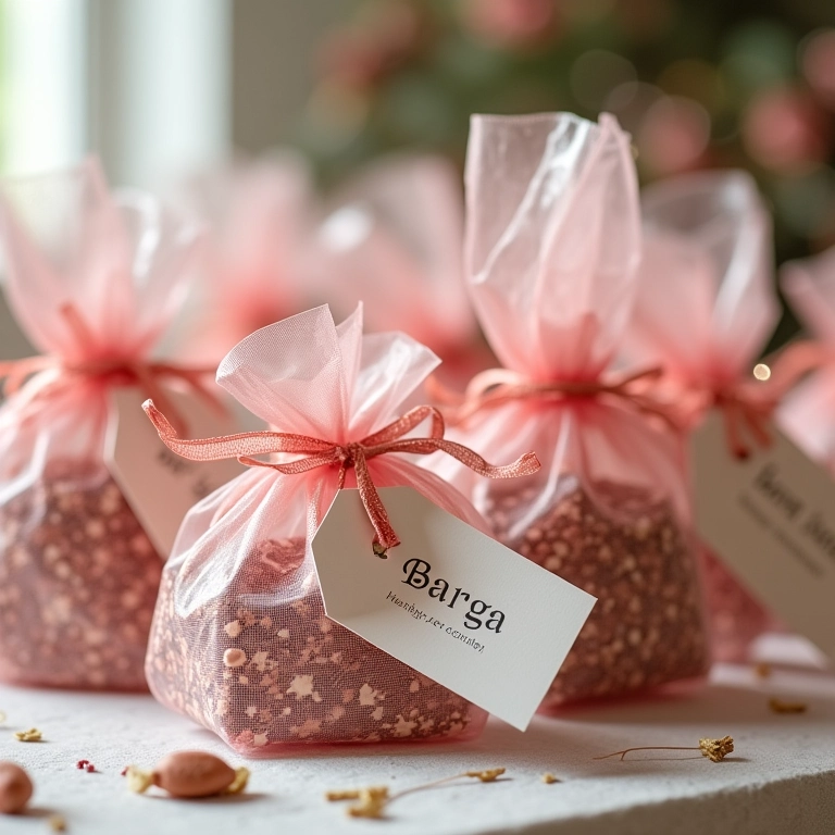 Lembrancinhas de festa bonitas arrumadas em uma mesa com fitas e tags.