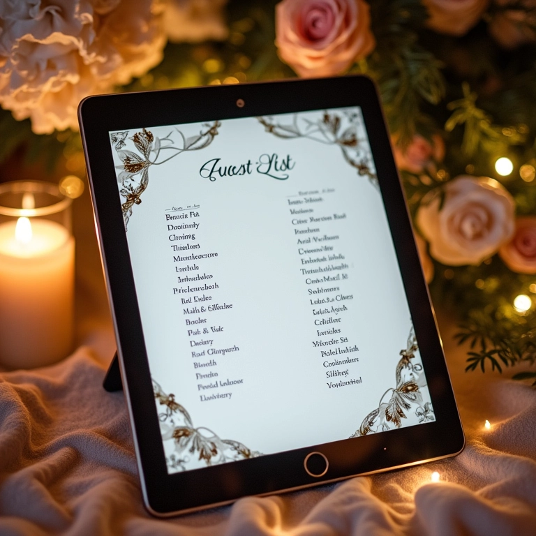 Lista de convidados elegante em um tablet, com nomes e detalhes importantes.