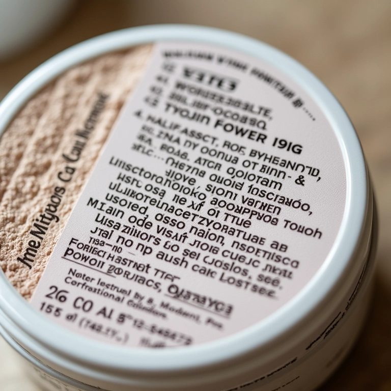 Lista de ingredientes de um pó facial em close-up.