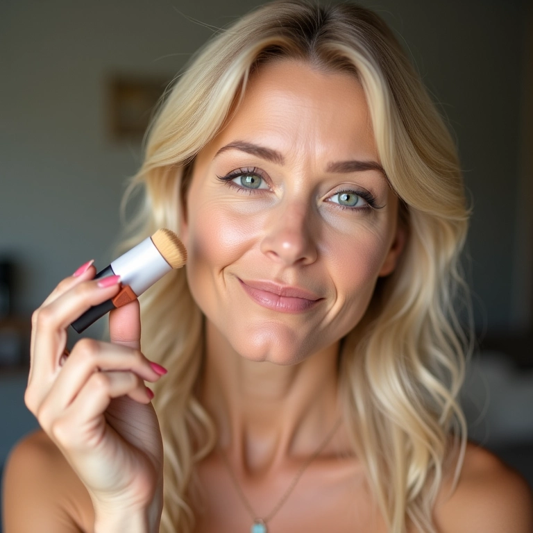 Loira aplicando base e corretivo para uma pele perfeita.