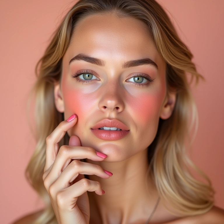 Loira aplicando blush em tons de rosa e pêssego.