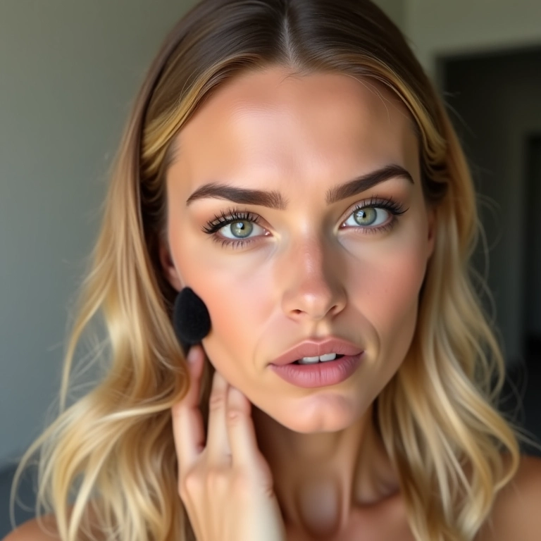 Loira aplicando contorno para definir os traços do rosto.