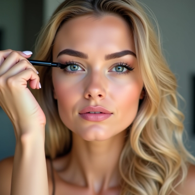 Loira aplicando delineador com diferentes estilos.