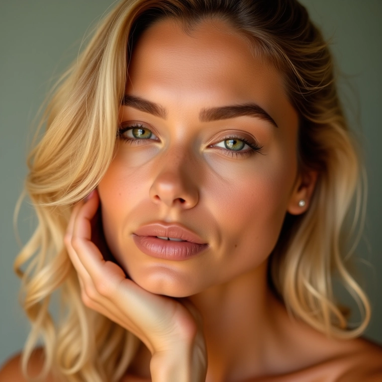 Loira aplicando iluminador para uma pele radiante.