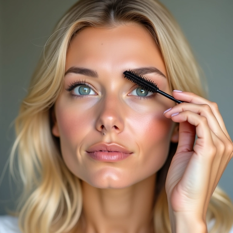 Loira aplicando máscara de cílios para um olhar marcante.