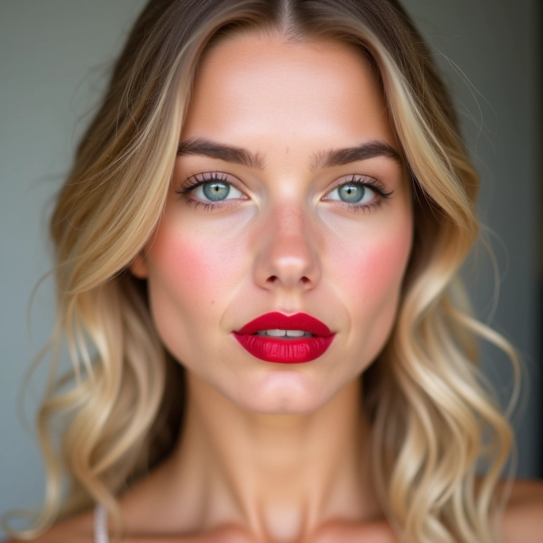 Loira com diferentes tons de batom, desde o vermelho ao nude.