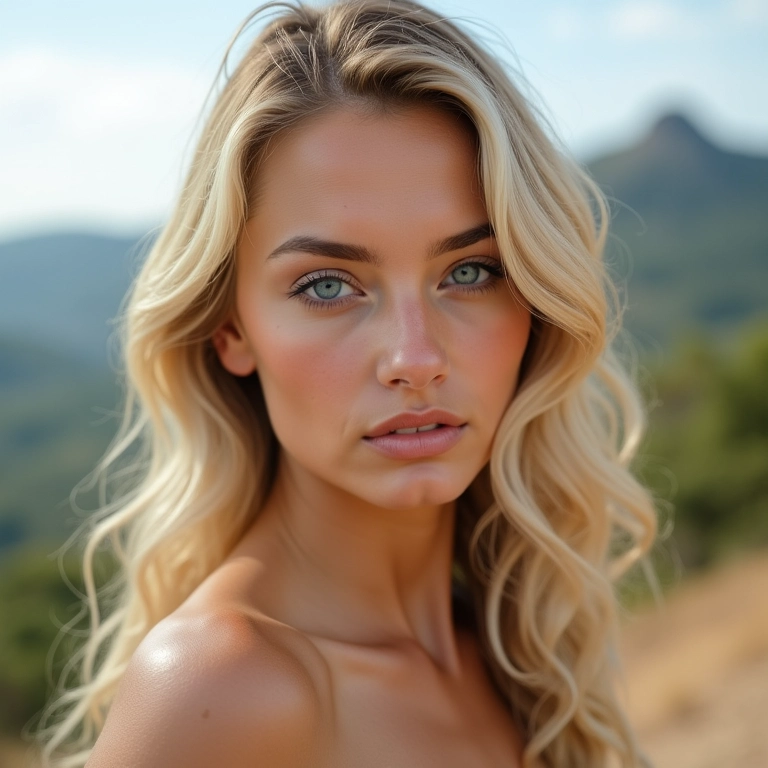 Loira de olhos azuis com maquiagem suave.