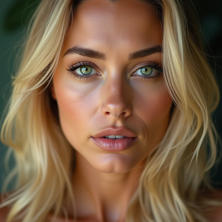 Loira de olhos verdes com maquiagem vibrante.