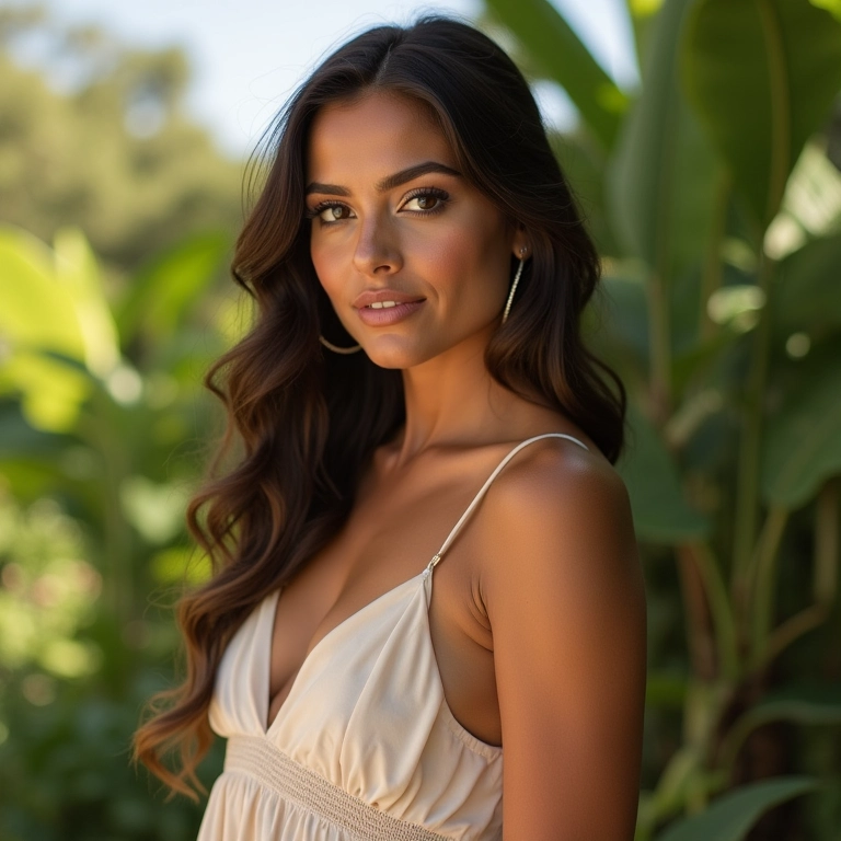 Madrinha com maquiagem leve para casamento de dia em jardim.