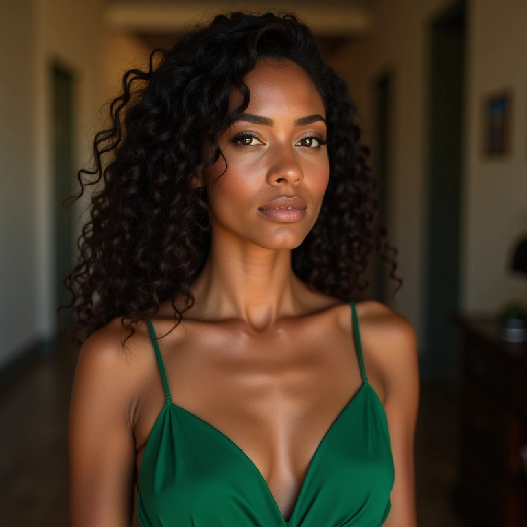 Madrinha com maquiagem natural e vestido verde em casamento.