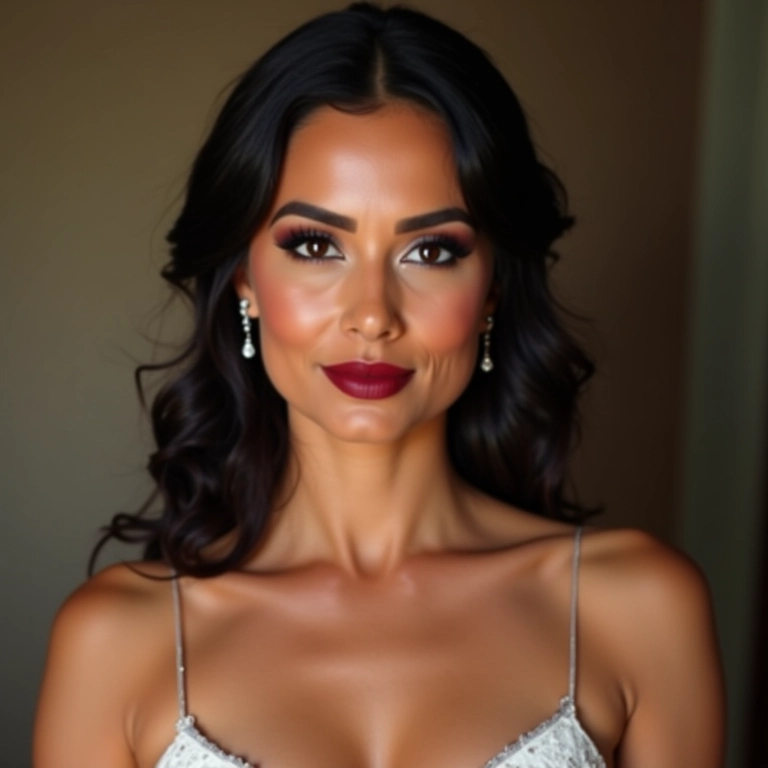 Madrinha de casamento brasileira com maquiagem elegante e destaque.
