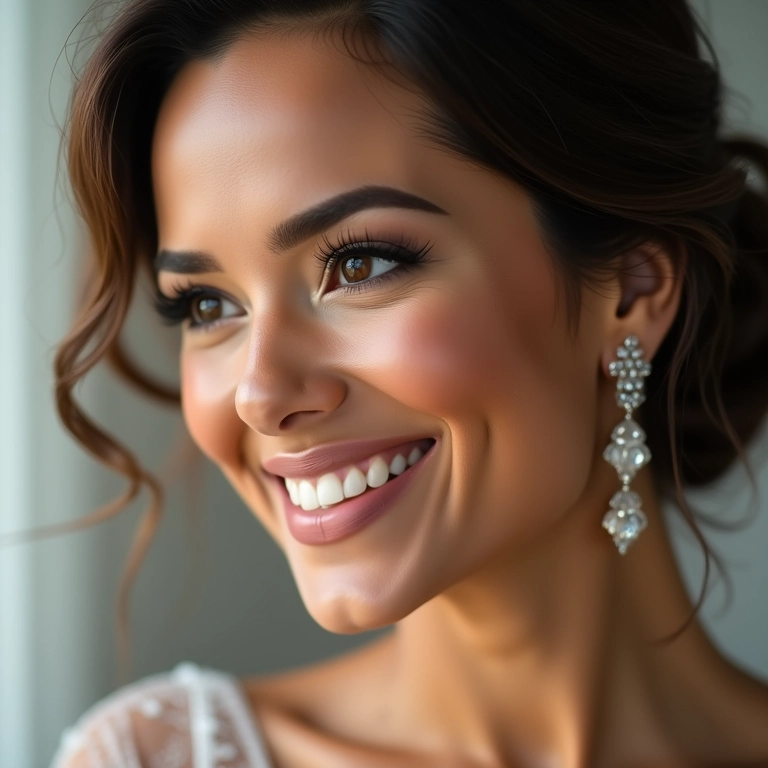 Madrinha de casamento sorrindo com maquiagem impecável e acessórios elegantes.