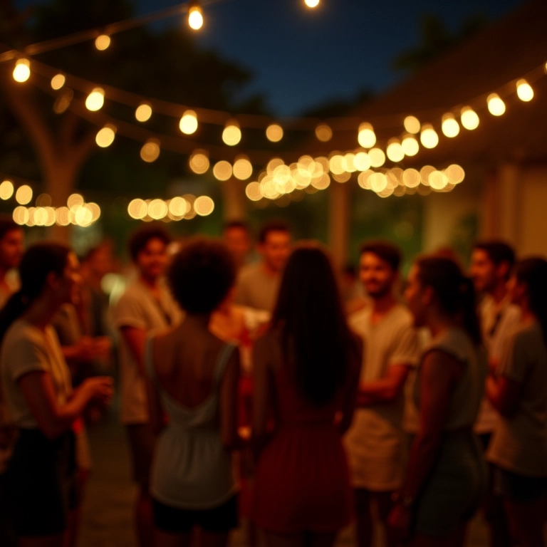 Mangueiras de LED decorando festa brasileira ao ar livre.