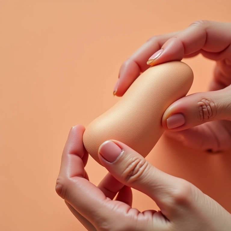 Mão aplicando pó de banana rosado com esponja de maquiagem.