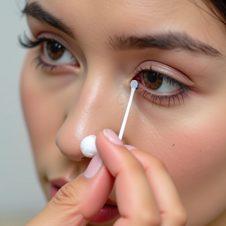 Mão limpando borrão de máscara com cotonete.