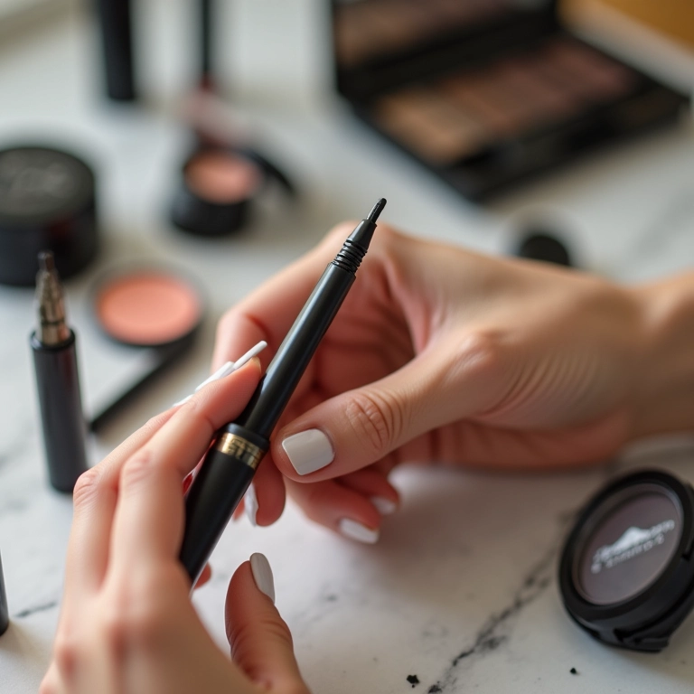 Mão segurando delineador líquido pronto para uso.