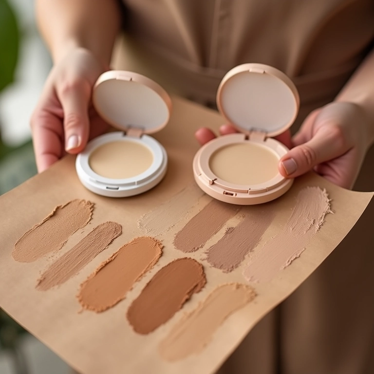 Mãos comparando tons de base em pó.