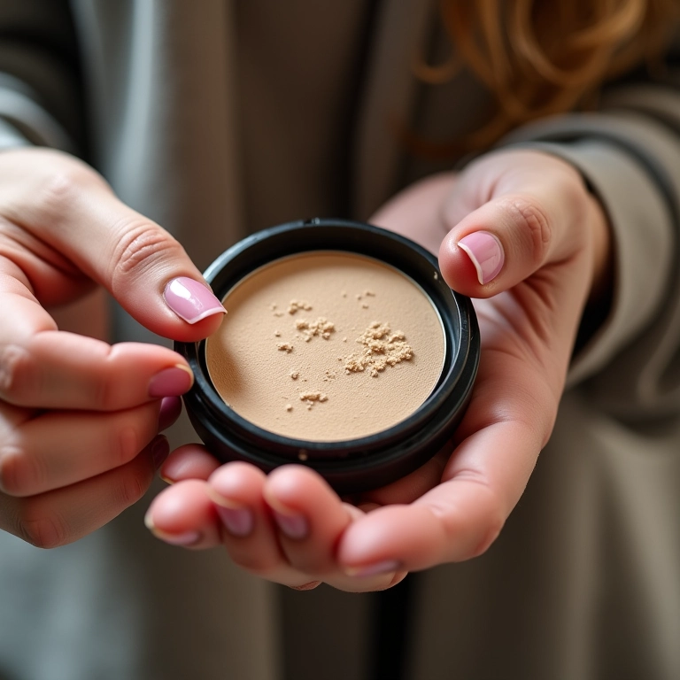 Mãos femininas consertando delicadamente um pó compacto quebrado.