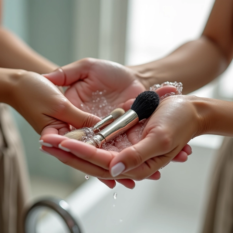 Mãos lavando pincéis de maquiagem em água com sabão.