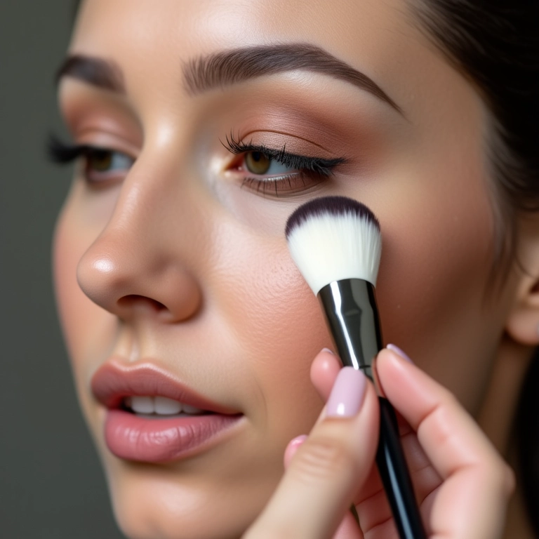 Maquiador aplicando contorno com um pincel adequado no rosto de uma modelo.