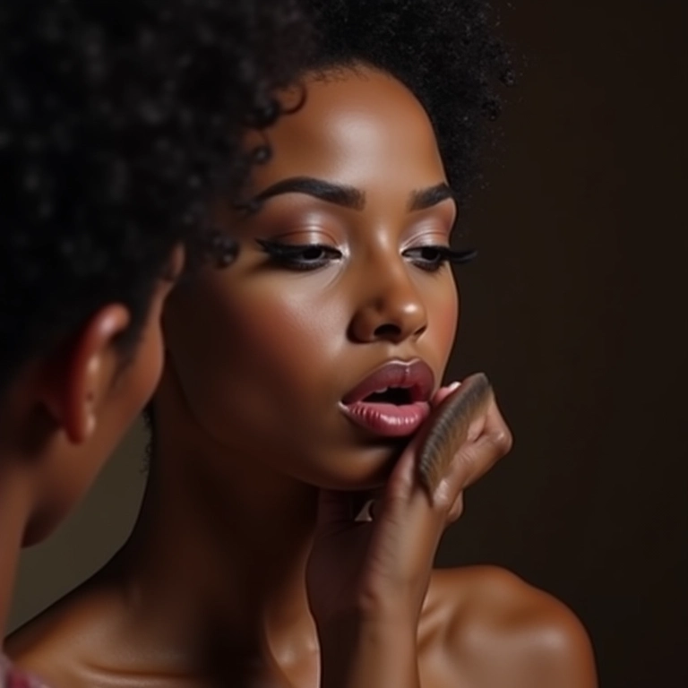 Maquiador aplicando contorno em pó no rosto de uma modelo brasileira.