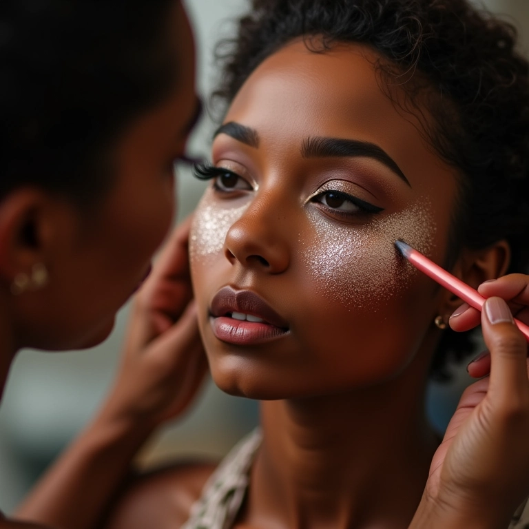 Maquiador aplicando iluminador com pó de diamante nas maçãs do rosto de uma modelo.