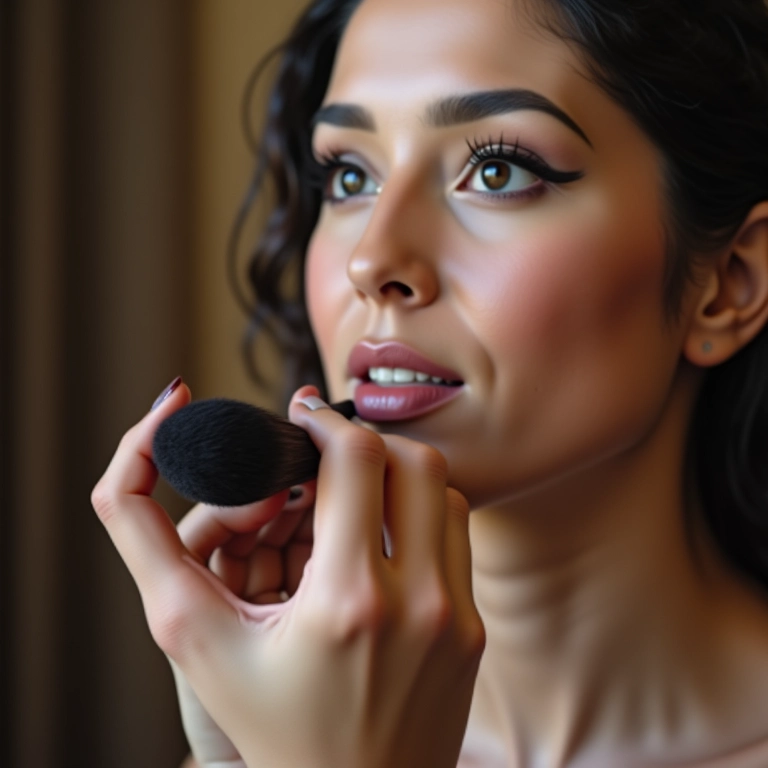 Maquiador aplicando pó facial com pincel para selar a maquiagem.
